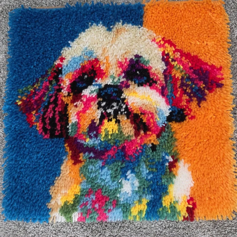 Colorful Dog Latch Hook Rug Pillow Cover Handmade